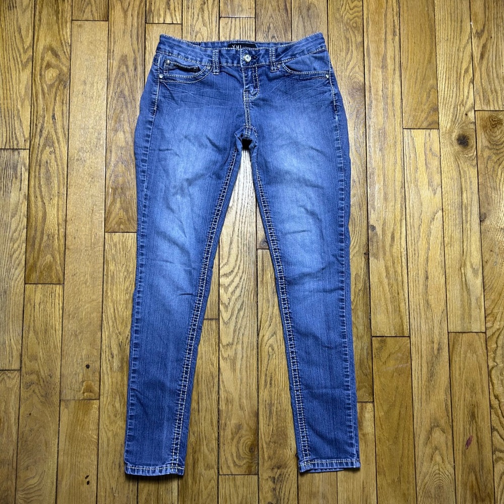 YMI Jeans Womens Skinny Denim Medium Wash Thick Stitch Rhinestone Size 7‎